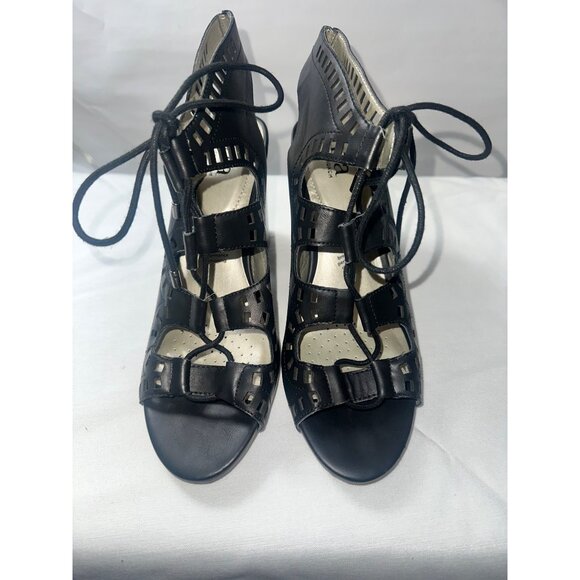 Ana Ravi Black Cutout Lace-Up Heeled Sandals With Peep Toe & Block Heel Size 8M - Picture 1 of 7